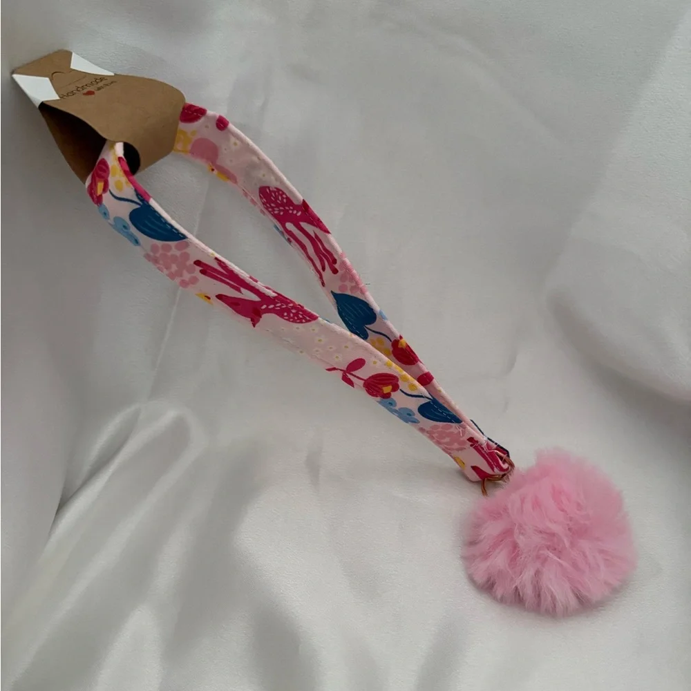 Handmade Floral Deer Print Wristlet Keychain with Light Pink Pompom